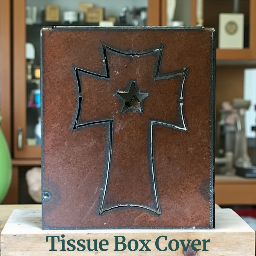 Tissue Box Cover Brown Metal Cutout Crosses Rustic Western